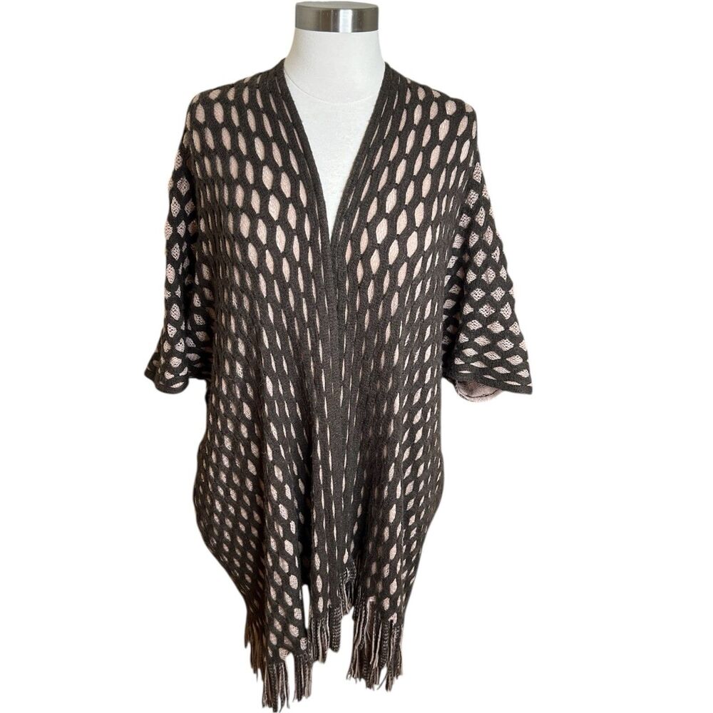 Max Edition Poncho Cardigan Womens Size 2X/3X Brown Fringe Open Oversized Boho